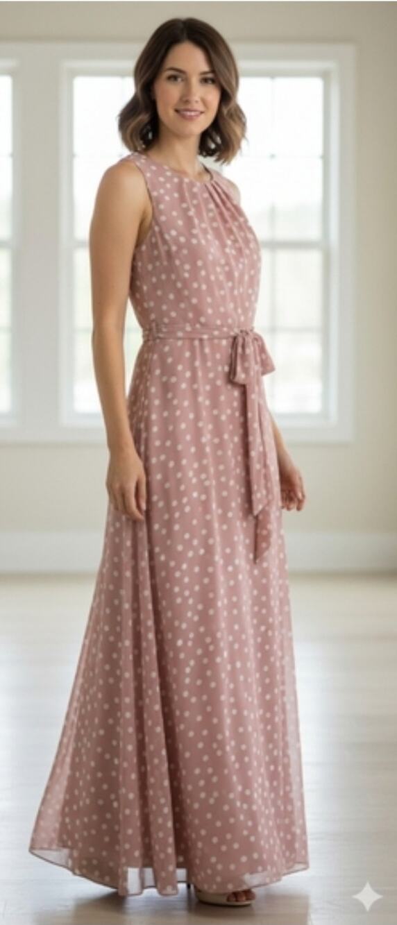 New R&K blush pink polka-dot belted chiffon maxi dress Size 18 Retro Feminine